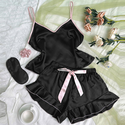Women's Smooth Satin Pajamas V-Neck Top Ruffled Edges and Bow Shorts Simple and Breathable Pajama Set Sling Home Clothing