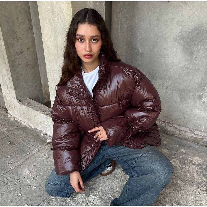 Thicken Cotton Jackets Women High Neck Long Sleeves Zipper Drawstring Coats Female 2025 Winter Fashion Chic Solid Warm Outwears