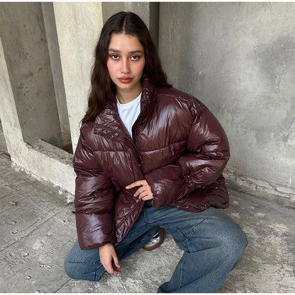 Thicken Cotton Jackets Women High Neck Long Sleeves Zipper Drawstring Coats Female 2025 Winter Fashion Chic Solid Warm Outwears