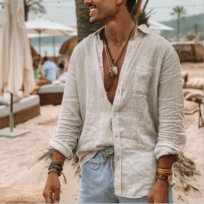 Men's new men's long sleeve buttoned cotton linen shirt lapel cardigan