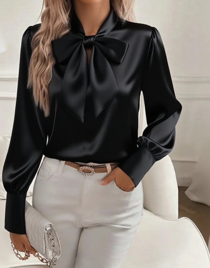Autumn New Solid Color Sexy Hollow Bow Satin Shirt Women's Casual Comfortable Long Sleeved Top Blusas Elegante Feminina