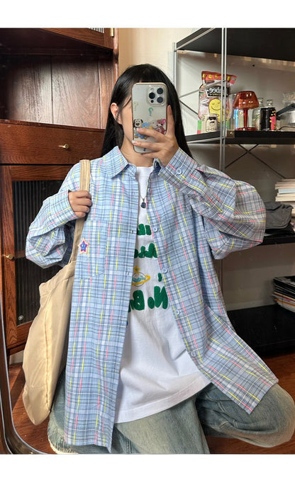 Ice Blue Plaid Long Sleeve Shirt Unisex Premium Cleanfit Denim Fabric V-neck Open Cardigan Style Holiday Vibes Short Length