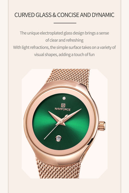 NAVIFORCE Luxury Green Analog Date Quartz Fashion Ladies Watches Mesh Steel Strap Waterproof Business Women Wristwatch Clocks