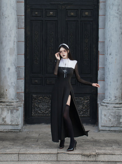 Sexy Nun Cosplay Costume Gothic Black Split Long Dress with Head Veil Halloween Carnival Party Fancy Dress for Women Nun