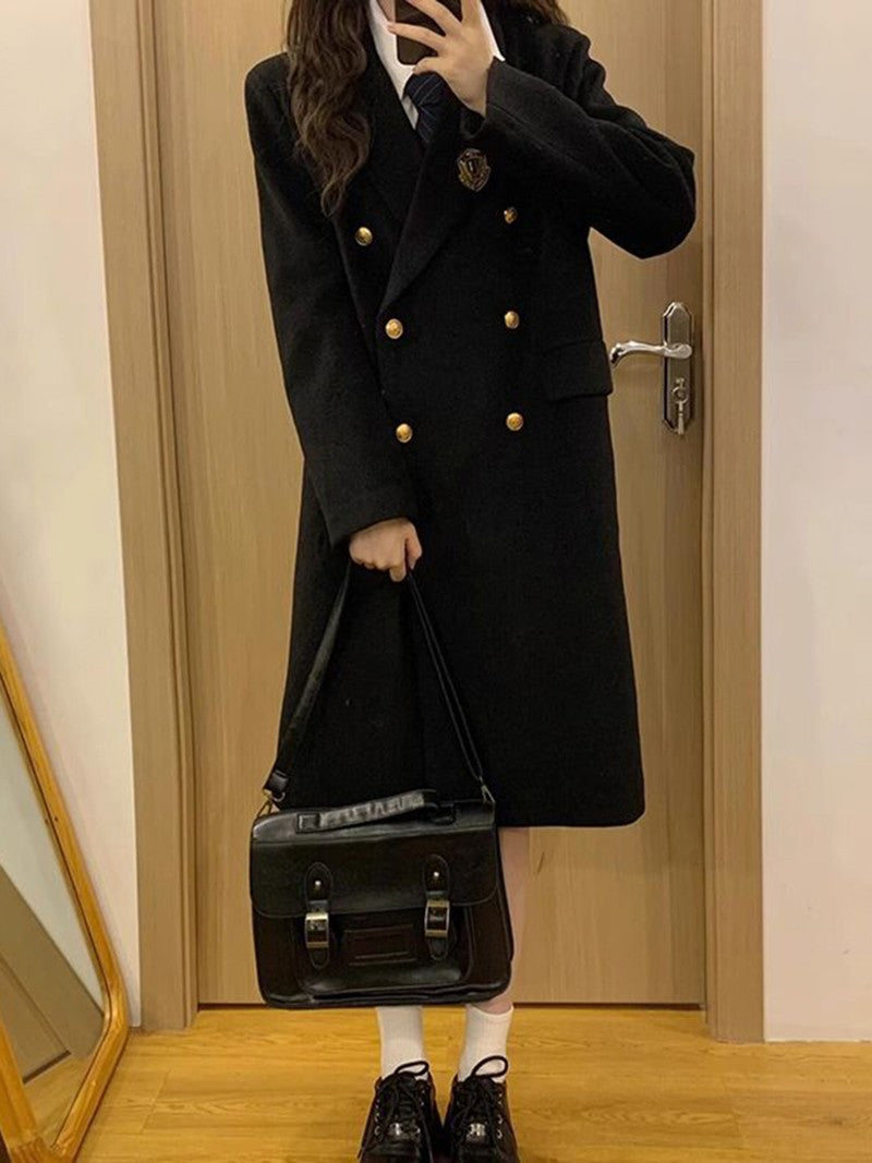 Jk Uniform Wool Coat Women Fashion Japanese Preppy Elegant Badge Black Midi Outwear Autumn Winter Sweet Long Sleeve Quilted Tops
