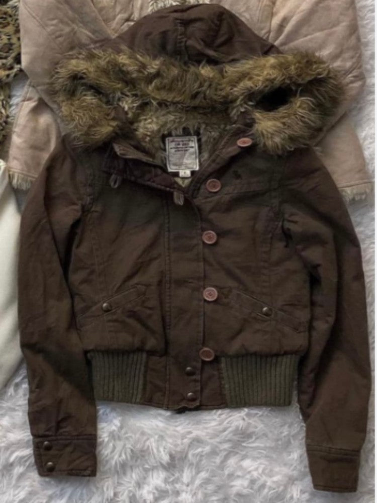 American style removable fur sweater hooded jacket Y2K women's fall and winter new retro casual slim waist waist short jacket