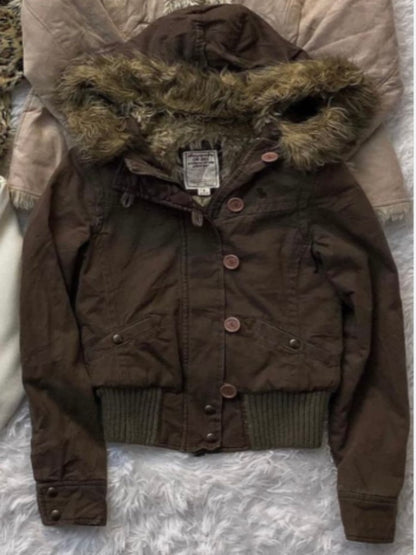 American style removable fur sweater hooded jacket Y2K women's fall and winter new retro casual slim waist waist short jacket