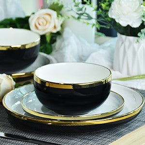 Black Ceramic Dinnerware Sets for 4, 16-Piece Contrast Plates and Bowls Set with Gold Rim, Crack Resistant | Dishwasher & Freeze