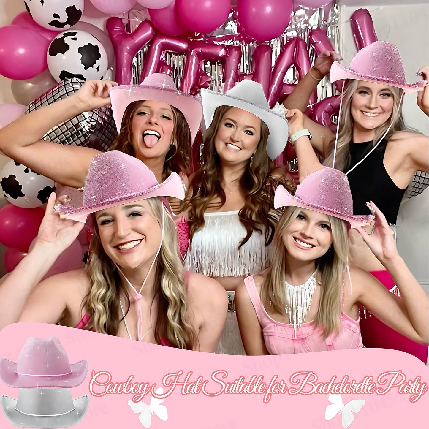 6-48Pcs Sparkly Cowboy Hat for Wedding Bachelorette Party Cowgirl Hats with Bandanas Heart Sunglasses Western Party Supplies