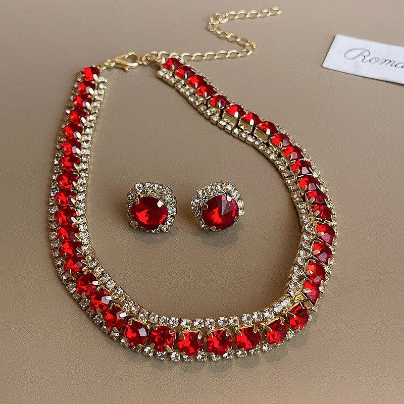 Conjunto de Joias Femininas com Colar de Luxo Verde Strass Brincos de Cristal Gargantilha Colares para Casamentos e Banquetes