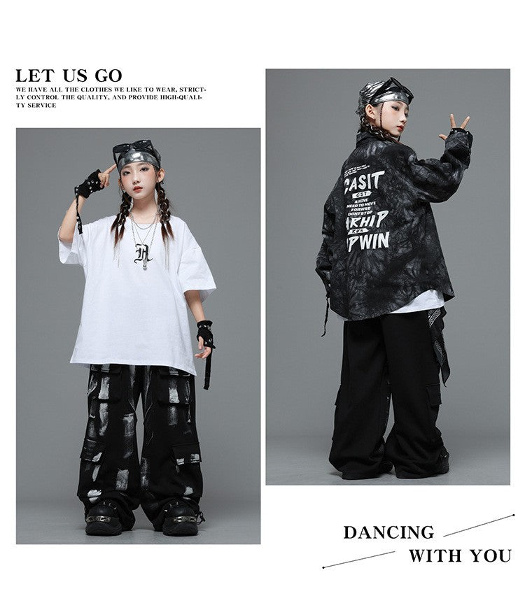 Roupas Infantis Hip Hop Casaco Brilhante Preto Top Calças Jogger Pretas de Rua para Meninas Meninos Fantasia de Dança Jazz Roupas