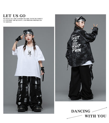 Roupas Infantis Hip Hop Casaco Brilhante Preto Top Calças Jogger Pretas de Rua para Meninas Meninos Fantasia de Dança Jazz Roupas