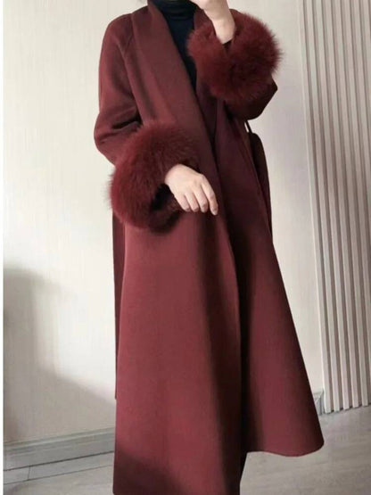 [EWQ] Wool Fox Fur Sleeve Women Coat Elegant Clothing Autumn 2025 Winter Double-sided Jacket Big Size Wine Red Overcoats 16O2751
