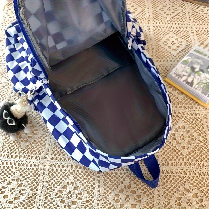 Mochila de lazer coreana com design xadrez de cores contrastantes, mochila diária do mesmo estilo, mochila casual simples para ensino médio e fundamental