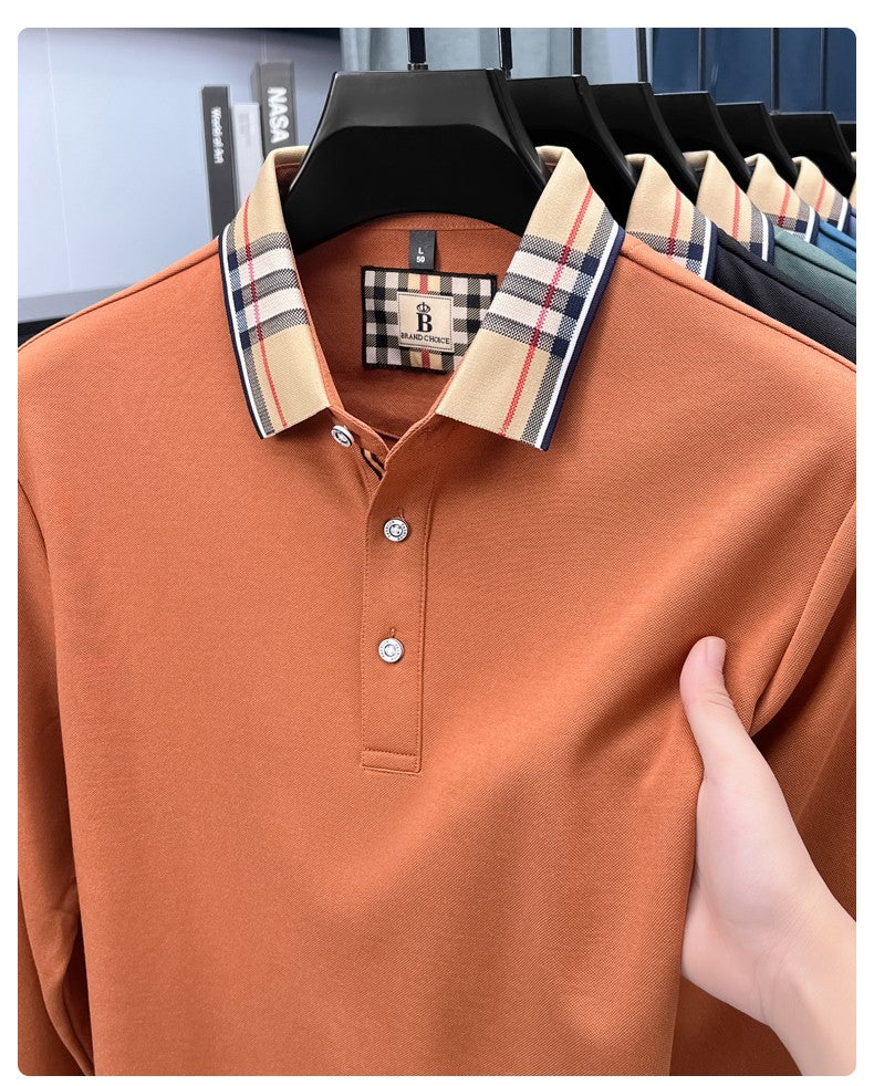 Luxury brand long sleeve polo shirt men comfortable casual autumn item silk cotton high-end Korean fashion plaid lapel T-shirt