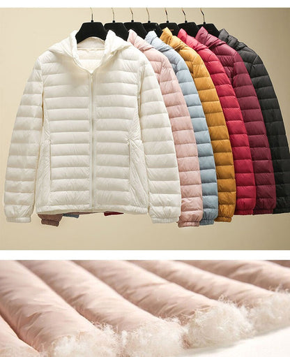 Schinteon Women Ultralight 90% White Duck Down Jacket with Removable Hood Autumn Winter Thin Outwear Portable Storage 2024 New