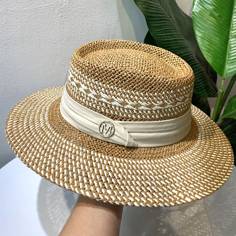 Chapéu de Palha Feminino de Verão Chapéu de Sol Luxuoso Feminino Chapéu de Praia de Proteção Solar da Moda Chapéu Panamá Francês Chapéu Raff de Aba Larga com Topo Abaulado