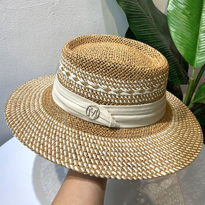 Chapéu de Palha Feminino de Verão Chapéu de Sol Luxuoso Feminino Chapéu de Praia de Proteção Solar da Moda Chapéu Panamá Francês Chapéu Raff de Aba Larga com Topo Abaulado