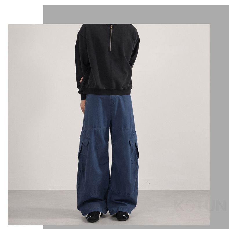 KSTUN 2025 Men Washed Vintage Cargo Pants 100% Cotton Loose Fit Oversize Multi-Pockets Trousers Blue Male Casual Scimitar Pants