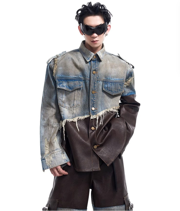 2024 American vintage do old piece-leather destruction denim jacket men fall dirty jacket