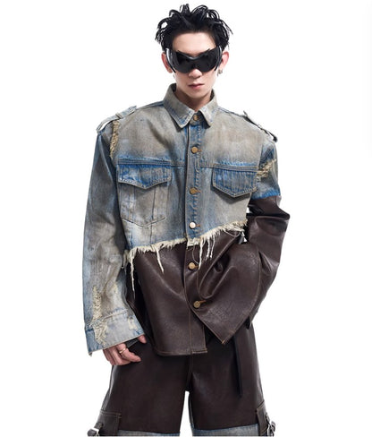 2024 American vintage do old piece-leather destruction denim jacket men fall dirty jacket