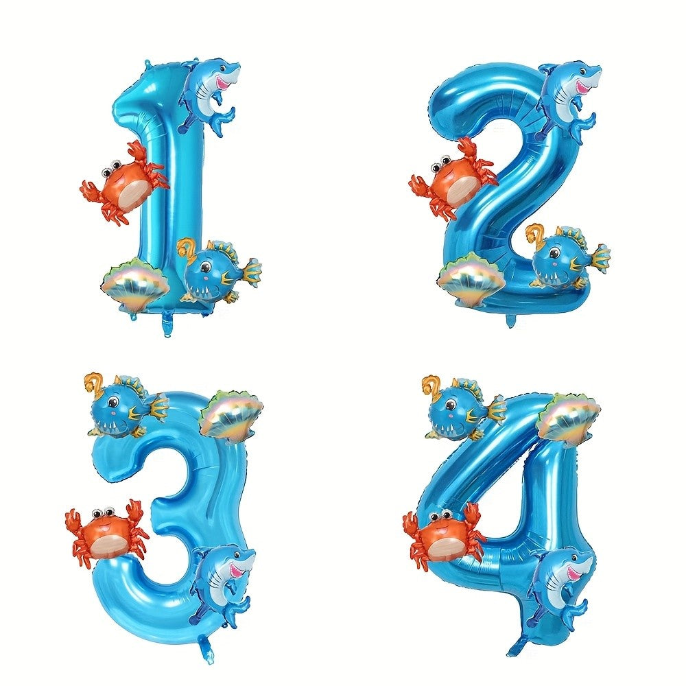 5Pcs Mini Blue Ocean Balloon Set Blue Number Balloon Set Ocean Animals Shark Crab Themed Birthday Party Decorations Gifts