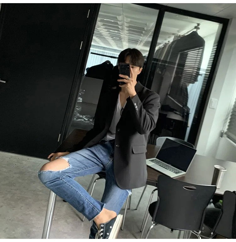 Korean Men's Casual Blazer Western-style Loose-fit Black Single-breasted Jacket Autumn Trendy Dongdaemun Style Clothes