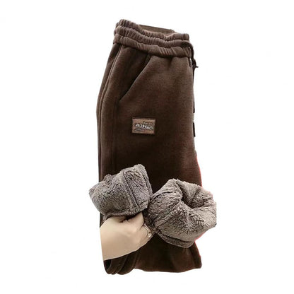 Women Autumn Winter Warm Sweatpants High Waist Drawstring Pockets Solid Color Casual Trousers Fleece Lining Thick Harem Pants