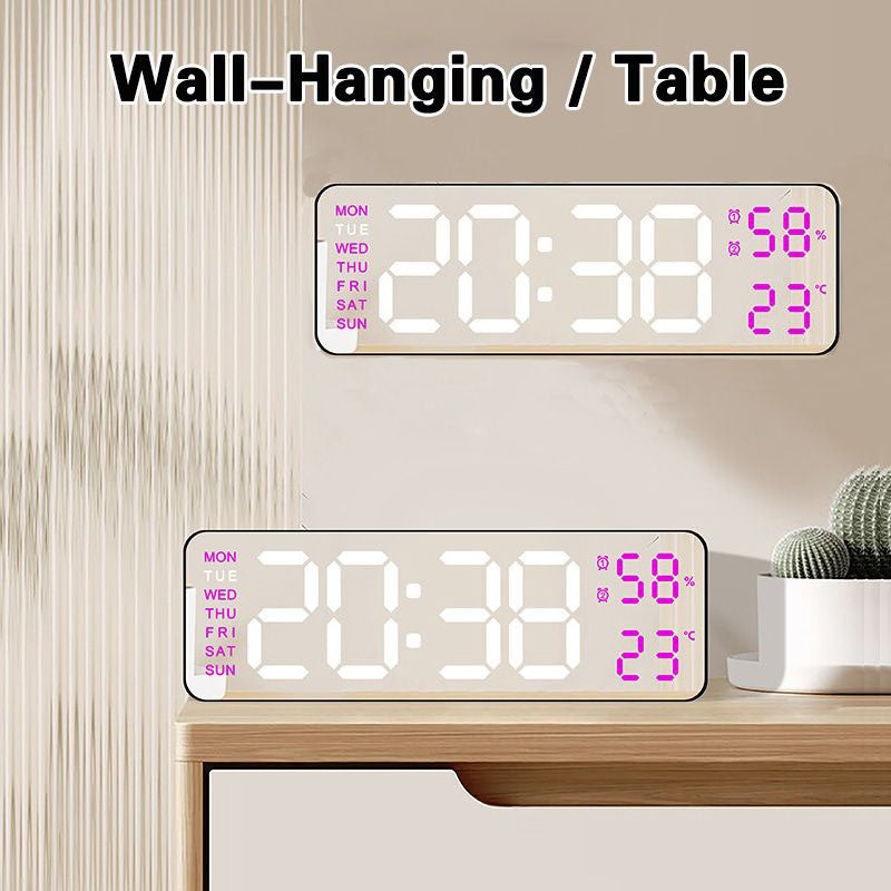 Digital LED Alarm Clock with Calendar,Temperature and Humidity. Acrylic or Mirror Surface Selectable. Desk Clock or Wall Hanging