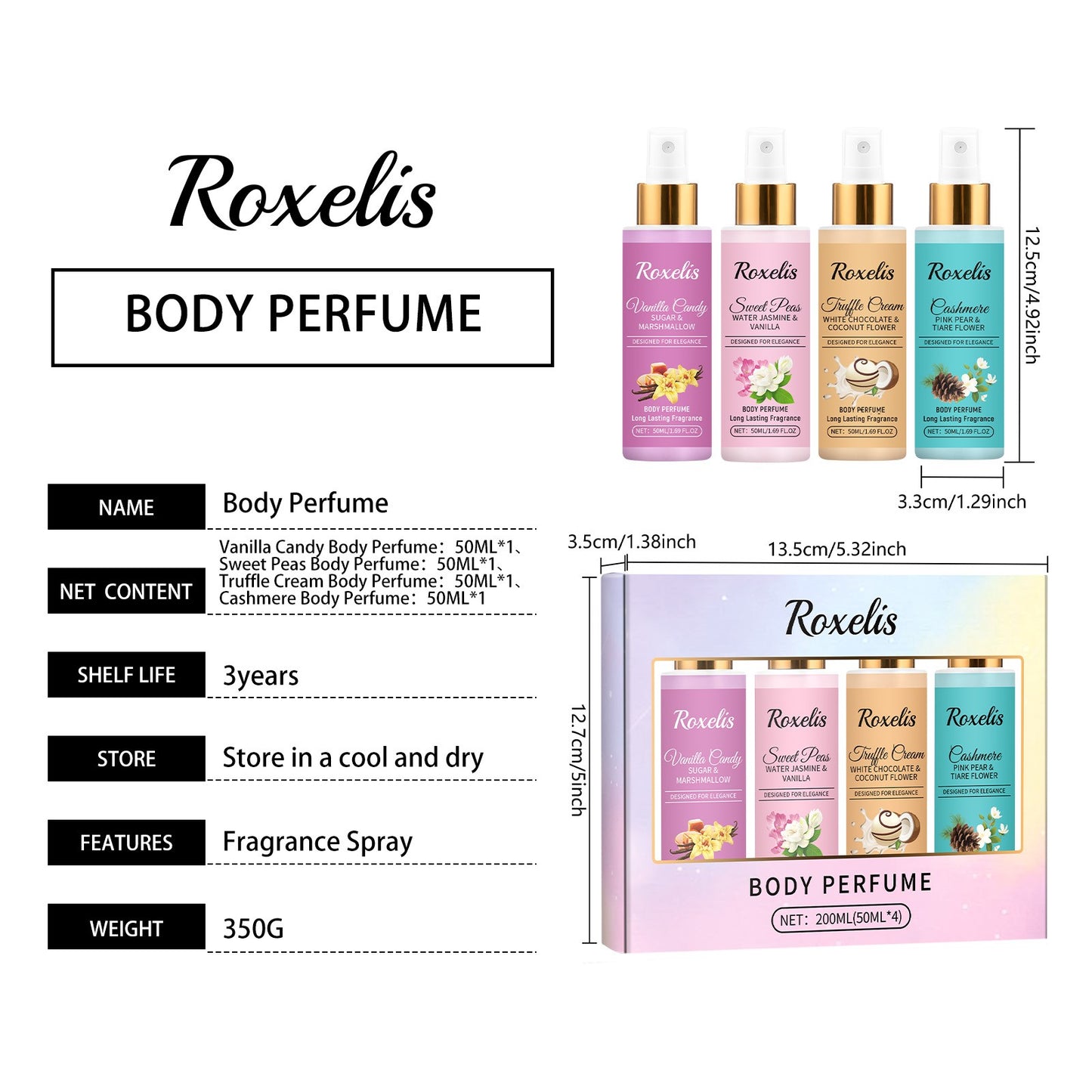 Roxelis 1 Conjunto de Perfume em Spray Corporal de Longa Duração com Fragrância de Frutas Frescas para o Dia a Dia, Encontros, Glamour, Flertes e Perfume Elegante