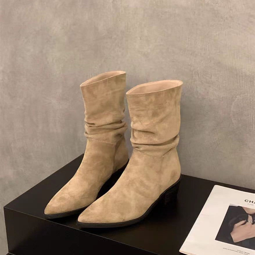 Vintage Pointed Toe Women Ankle Boots Fashion Elegant Soft Suede Shoes Autumn Winter Low Heel Women's Short Booties D423