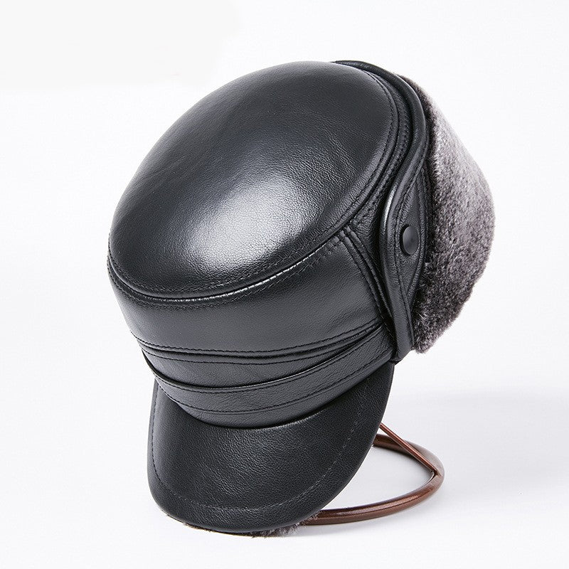 Men's Genuine Leather Duckbill Hat Winter Thickened Warm Outdoor Earflap Cotton Cap Elderly Real Leather Hat Cowhide Warm