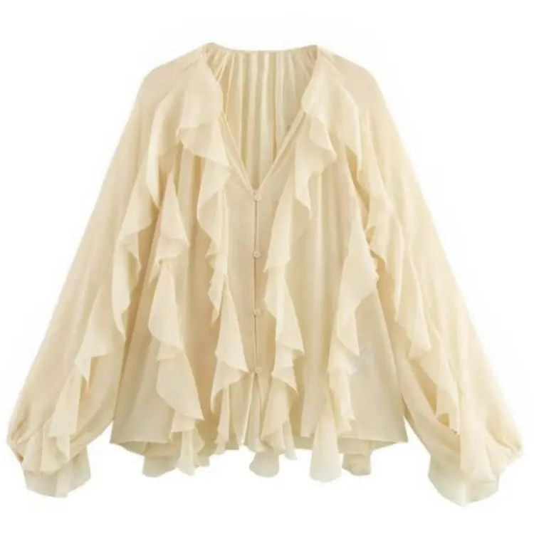 2025 Summer Chic Women's Elegant Loose Long Sleeve Layered Shirts Office Lady Vintage V-neck Translucent Tierred Ruffles Blouses