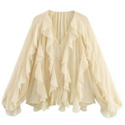 2025 Summer Chic Women's Elegant Loose Long Sleeve Layered Shirts Office Lady Vintage V-neck Translucent Tierred Ruffles Blouses