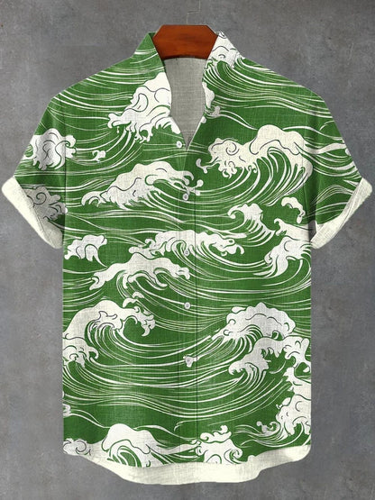 Summer Casual Men's Japanese Art Sea Wave Printed Linen Shirt Short Sleeve Stand up Collar Cardigan Breathable Top