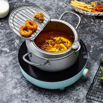 304 Stainless Steel Oil Pan Japanese Deep Frying Pot with a Thermometer and a Lid Kitchen Tempura French Fries Oil Fried Pan