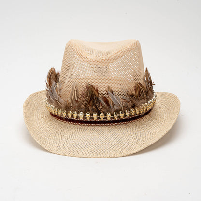 Vintage Style Women Men Feather Hat Elegant Mesh Wide Brim Sun Hat for Casual Party and Outdoor Events