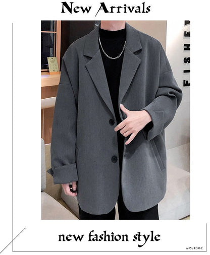 Autumn Men's Casual Solid Color Blazer Korean Style Business Single Trendy Oversize Business Suit Jackets Retro Daily Streetwear