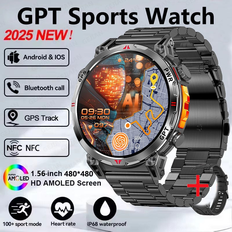 Smartwatch Esportivo 2025 com GPS, GPT, AMOLED de 1,56 polegadas, 488*488, Monitoramento de Frequência Cardíaca, Oxigênio no Sangue e Pressão Arterial, 3ATM