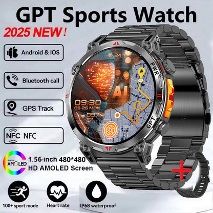 Smartwatch Esportivo 2025 com GPS, GPT, AMOLED de 1,56 polegadas, 488*488, Monitoramento de Frequência Cardíaca, Oxigênio no Sangue e Pressão Arterial, 3ATM