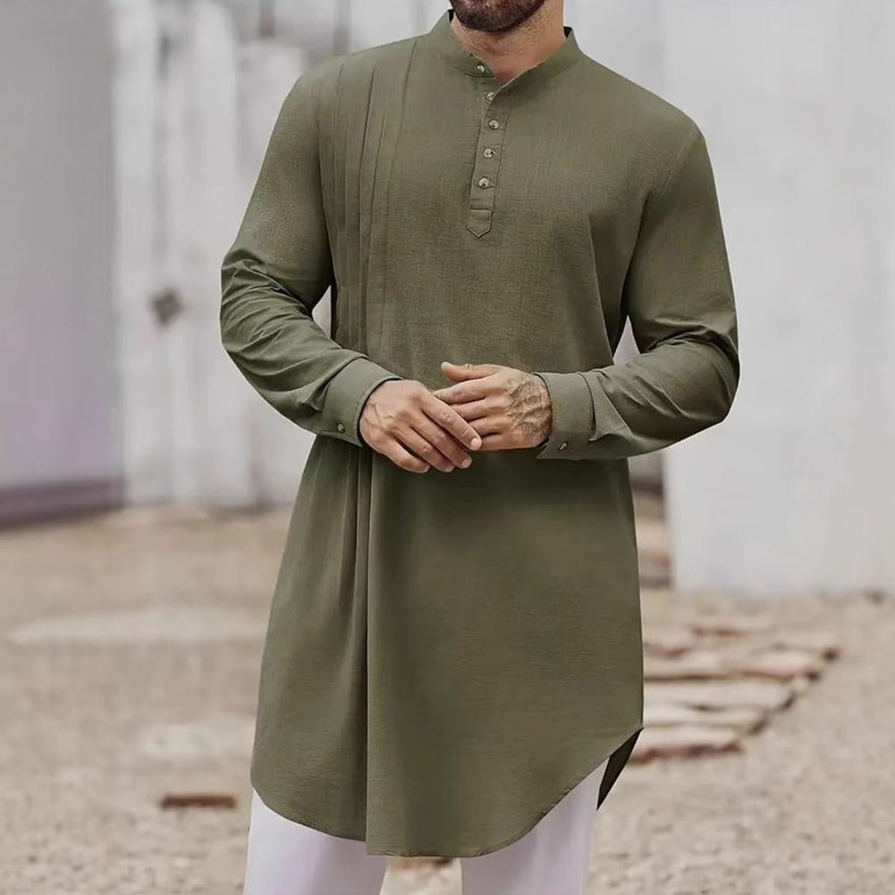 Men's Cotton Linen Kaftan Robe – Long Sleeve Button-Up Thobe for Prayer, Casual & Arabic Style | Breathable & Comfortable