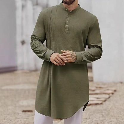 Men's Cotton Linen Kaftan Robe – Long Sleeve Button-Up Thobe for Prayer, Casual & Arabic Style | Breathable & Comfortable