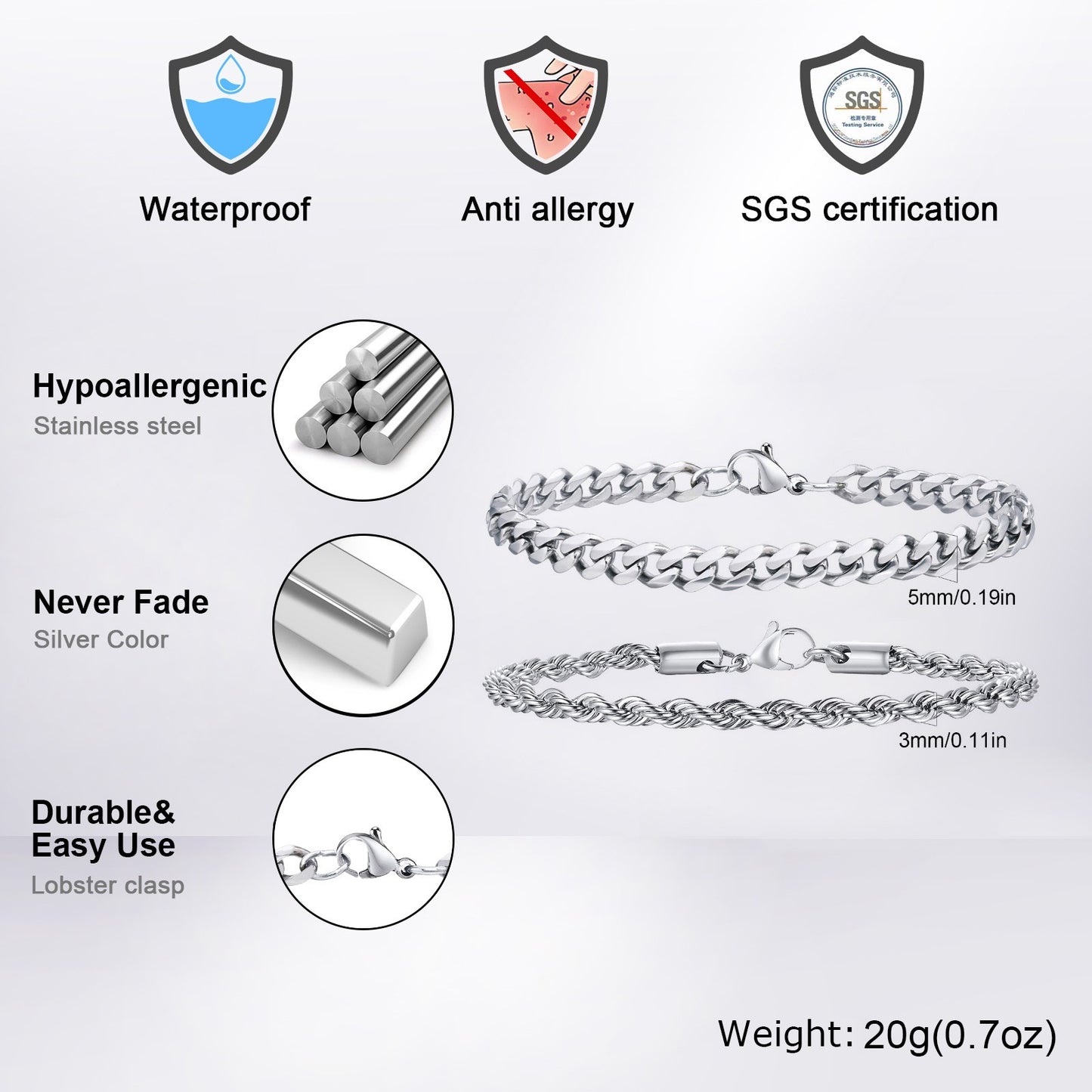 2 Pulseiras Masculinas de Corrente, Aço Inoxidável Prata Ouro Cor Preta, Corrente de Corda Torcida, Pulseira, Correntes Cubanas Modernas de Presente