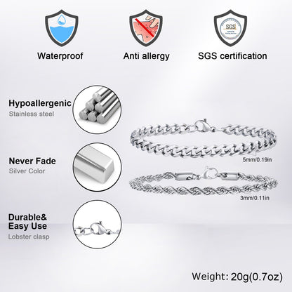 2 Pulseiras Masculinas de Corrente, Aço Inoxidável Prata Ouro Cor Preta, Corrente de Corda Torcida, Pulseira, Correntes Cubanas Modernas de Presente