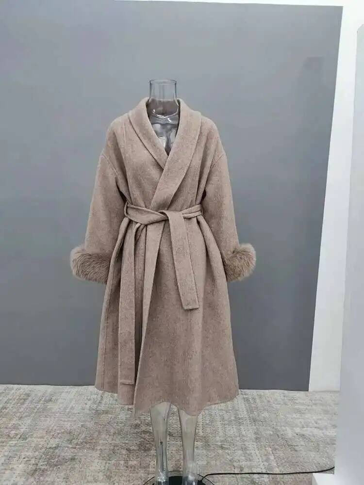 UCXQ Casaco Feminino Elegante OL para Escritório com Retalhos de Pelo Manga Comprida Lã Jaqueta de Roupa Feminina Bonita Outono Inverno 2025