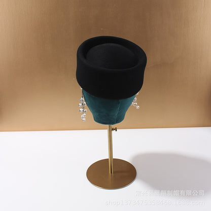 Autumn Winter Women Wool Fedoras Hats Elegant French Hard Top Concave Top Felt Berets Hat  Wedding Fascinator Party Pillbox Cap