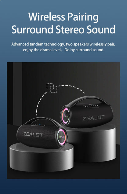 Alto-falante sem fio ZEALOT S97 80W, Subwoofer portátil para uso externo, Qualidade de som Hifi, Emparelhamento duplo, Carregamento rápido, 16000mAh.