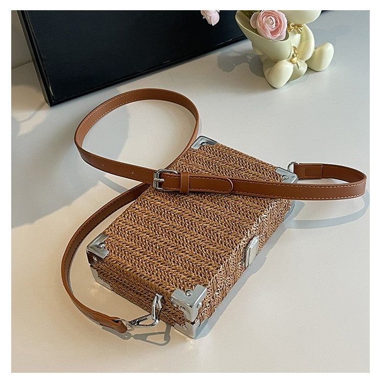 Couple's Sling Bag Straw Weaving with Corner Metal Decoration Boxy Shape Doctor Bag for Date Back to School Party Shoulder Bag