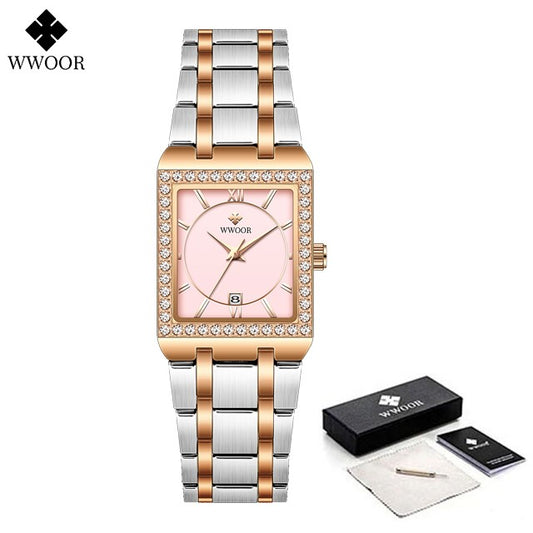 WWOOR Top Brand Luxury New Ladies Diamond Watch Fashion Square lady Wrist Watch Simple Women Dress Small Watch Relogio Feminino
