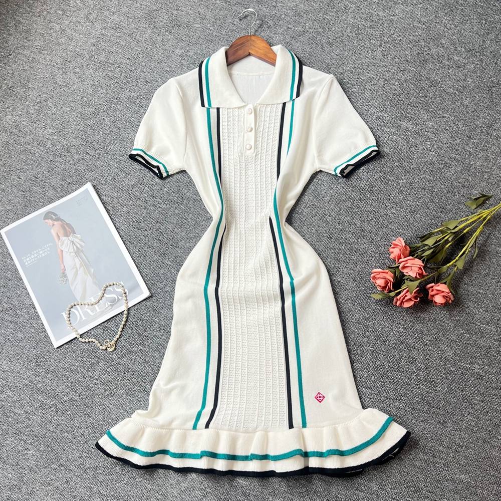 YuooMuoo Women Dress 2025 Summer Vintage Turn-down Collar Knitted Mini Dress Lad